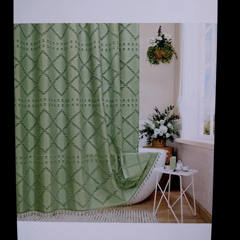 Boho Tassel Fringe Cradela Sage Green Tufted Diamond Shower Curtain 72x72 New